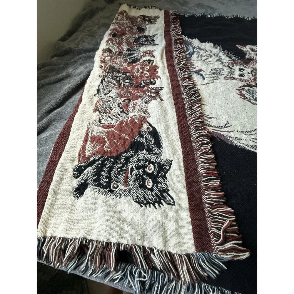 Vintage 90s Tapestry Throw Blanket Playful Cats Persian Cat w/ Fringe 1992
